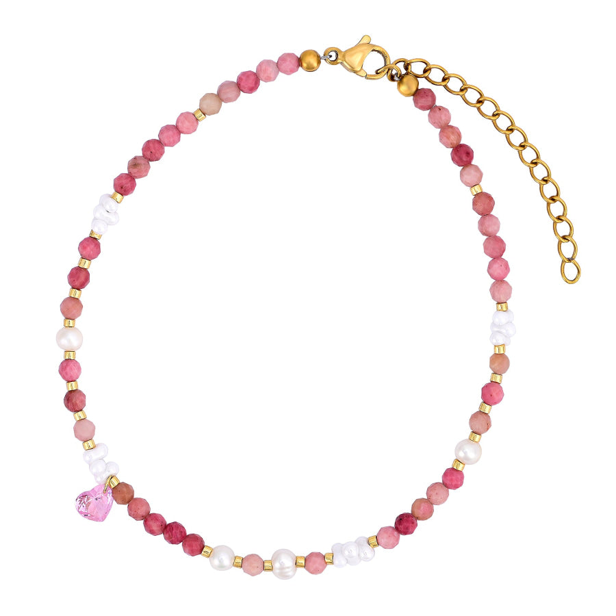 Natural Rhodonite & Pearl Beaded Anklet With Heart Crystal