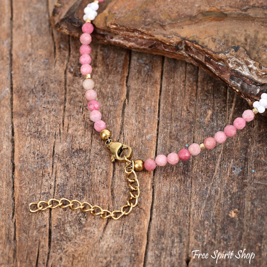 Natural Rhodonite & Pearl Beaded Anklet With Heart Crystal