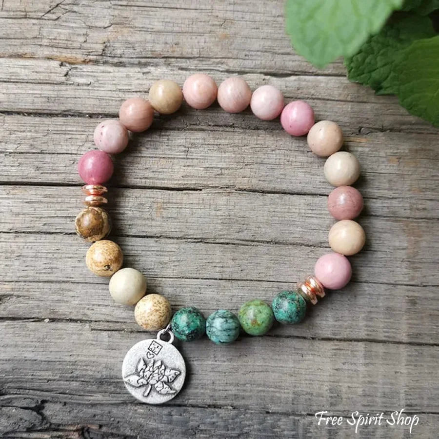 Natural Rhodonite African Turquoise & Rose Quartz Bead Bracelet