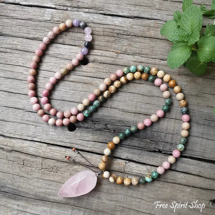 108 Natural Rhodonite African Turquoise & Rose Quartz Mala Bead Necklace Jewelry > Gemstone