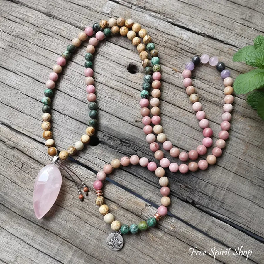 108 Natural Rhodonite African Turquoise & Rose Quartz Mala Bead Necklace Jewelry > Gemstone