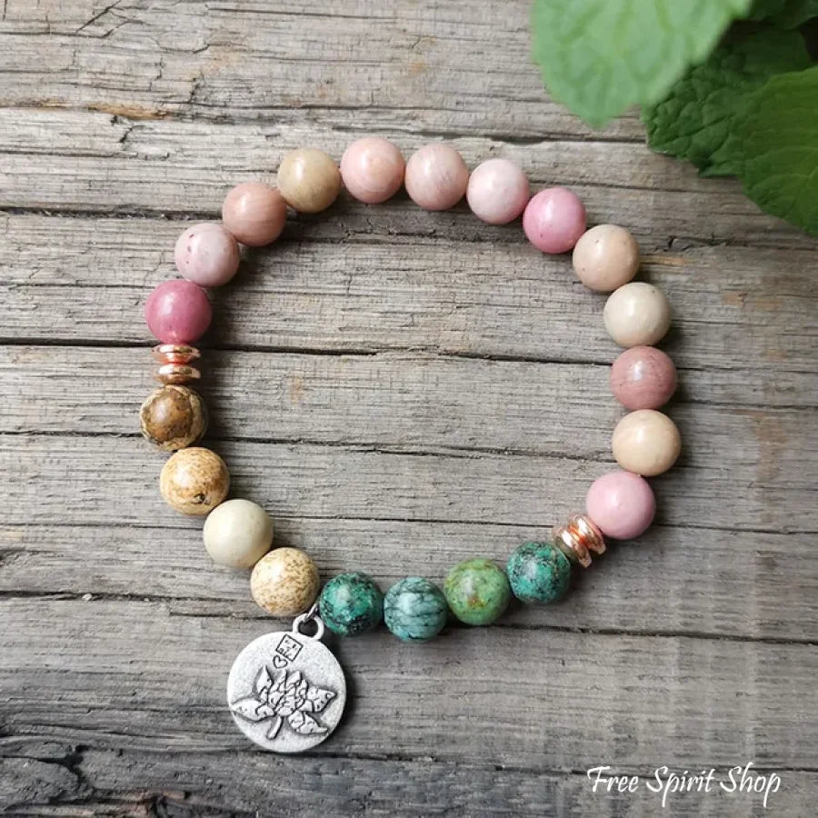108 Natural Rhodonite African Turquoise & Rose Quartz Mala Bead Necklace Jewelry > Gemstone