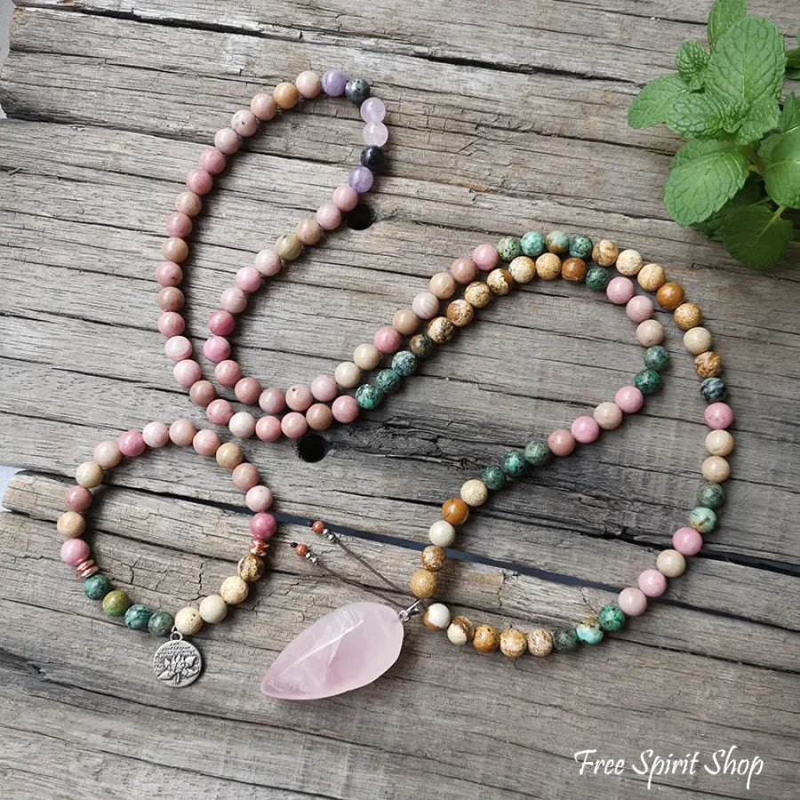 108 Natural Rhodonite African Turquoise & Rose Quartz Mala Bead Necklace Jewelry > Gemstone