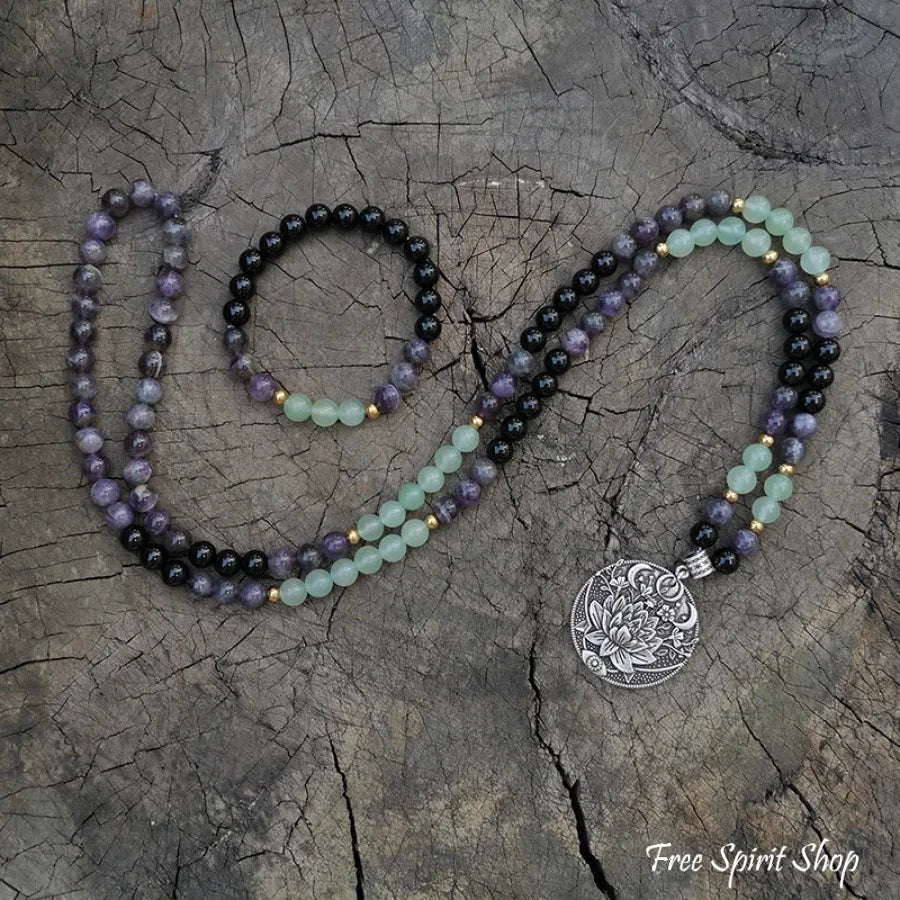 108 Natural Black Onyx & Sodalite Mala Beads With Sun & Moon Pendant