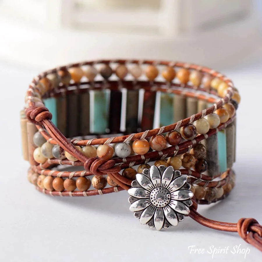 Handmade Natural Stone Leather Wrap Bohemian Sunflower Charm Bracelet