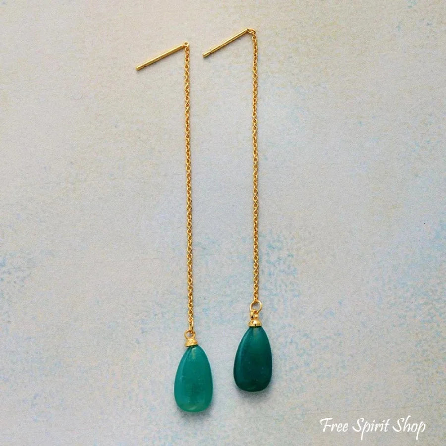 Natural Green Onyx Long Drop Earrings