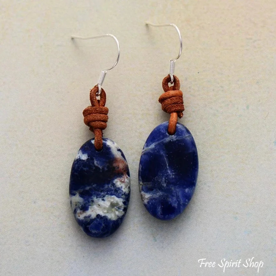 Natural Blue Sodalite & Leather Earrings