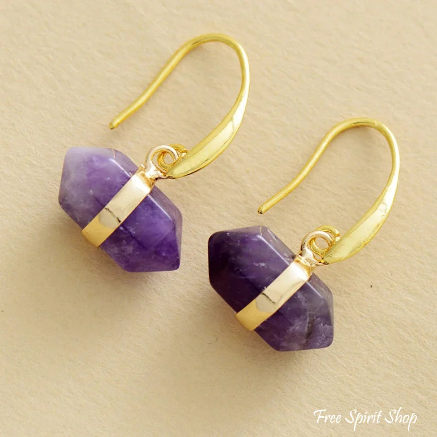 Natural Amethyst Hexagonal Earrings