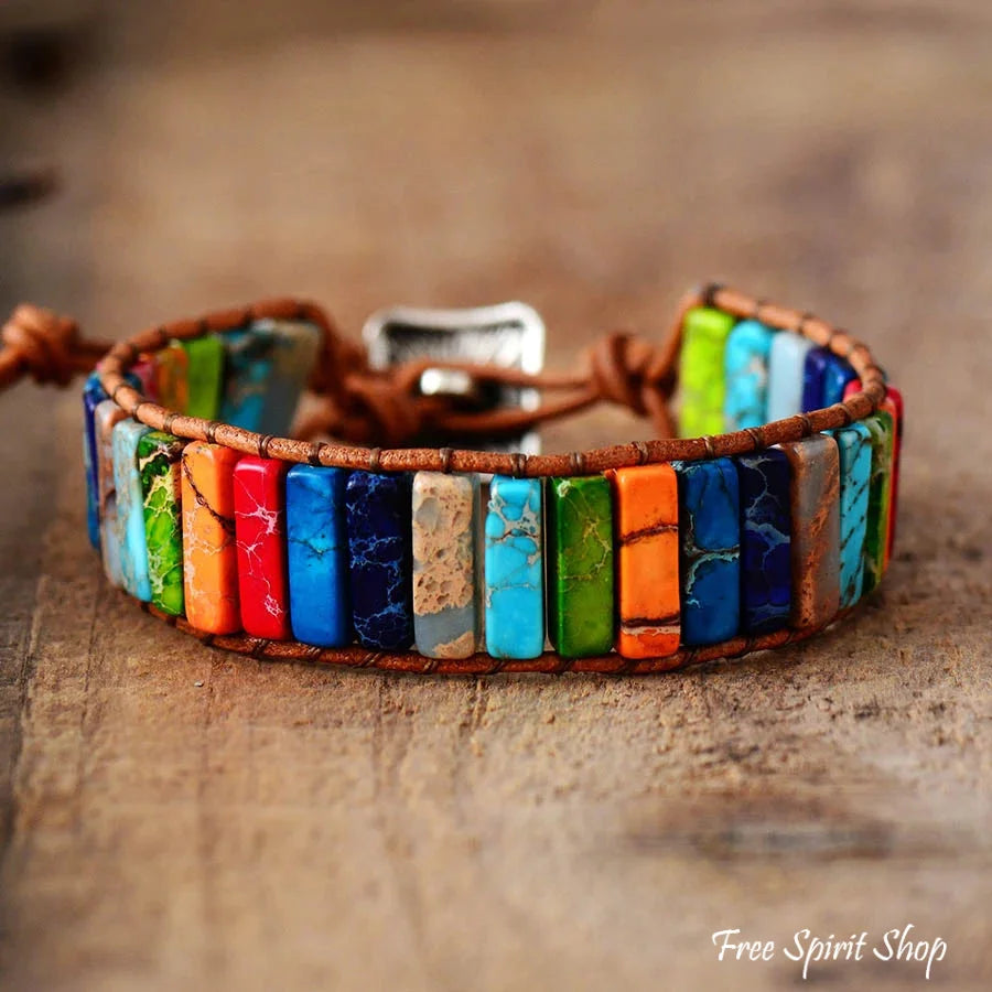 Handmade Rainbow Jasper Leather Wrap Bracelet