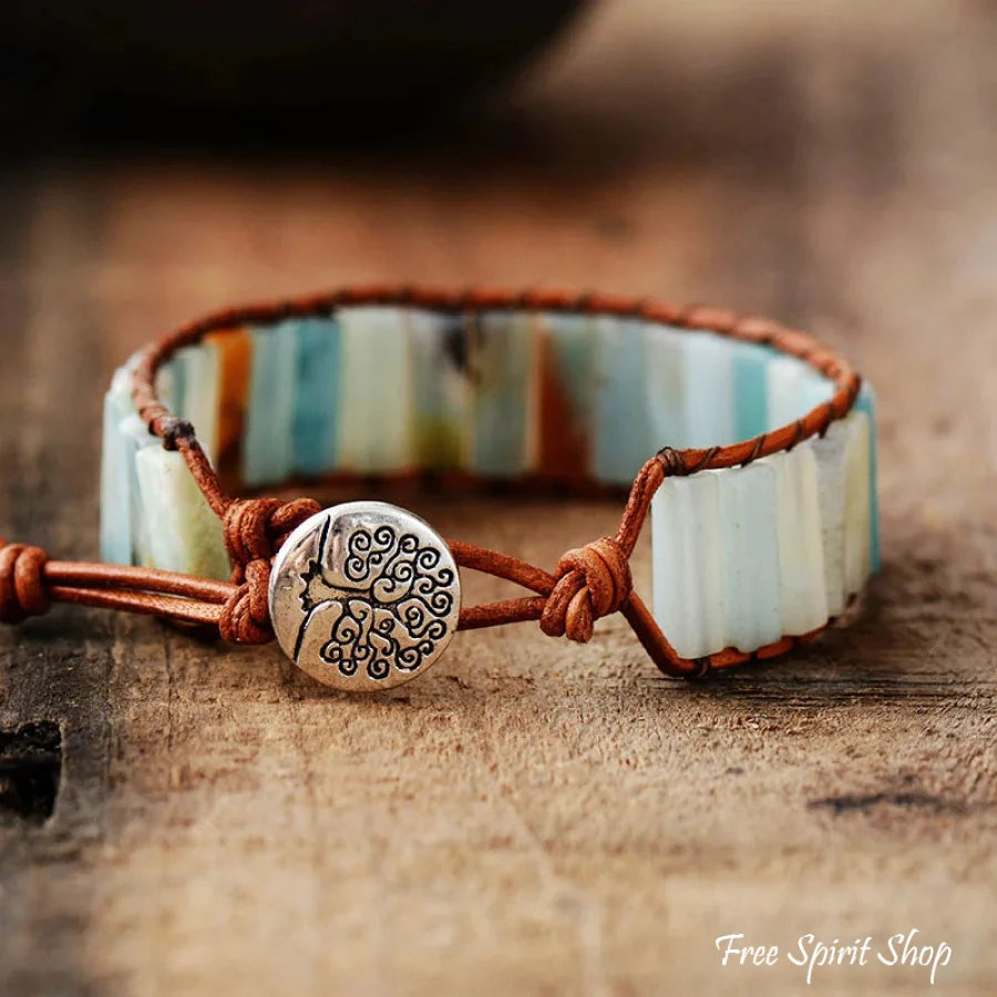 Natural Amazonite Stone & Leather Tree Of Life Bracelet