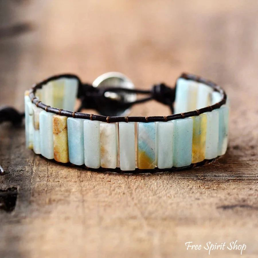 Natural Amazonite Stone & Leather Tree Of Life Bracelet