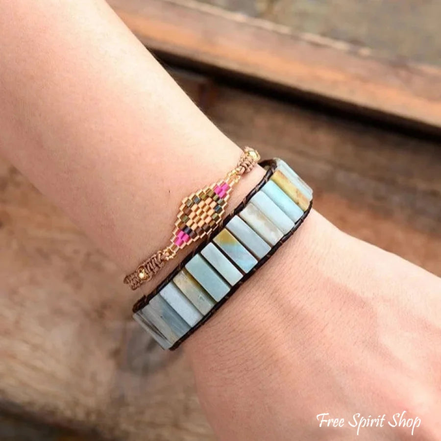 Natural Amazonite Stone & Leather Tree Of Life Bracelet