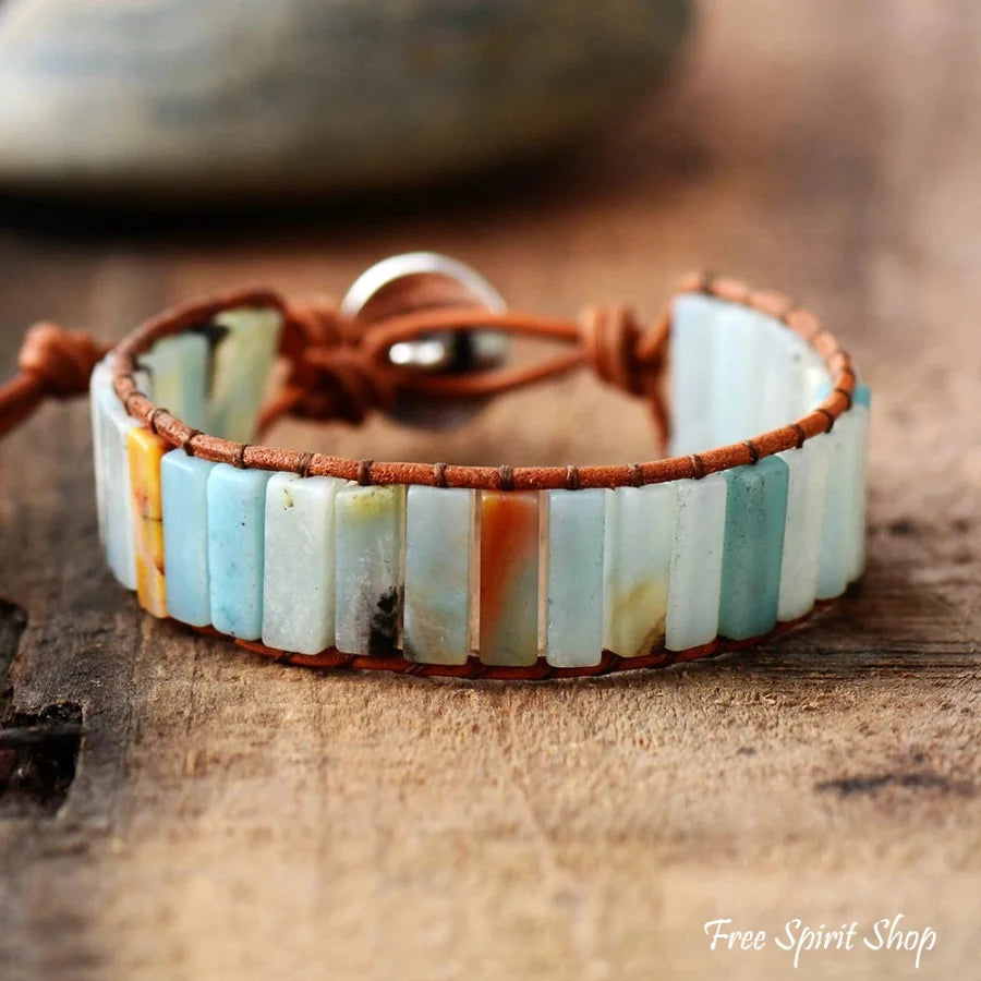 Handmade Natural Semi-Precious Amazonite Stone & Leather Tree Of Life Bracelet