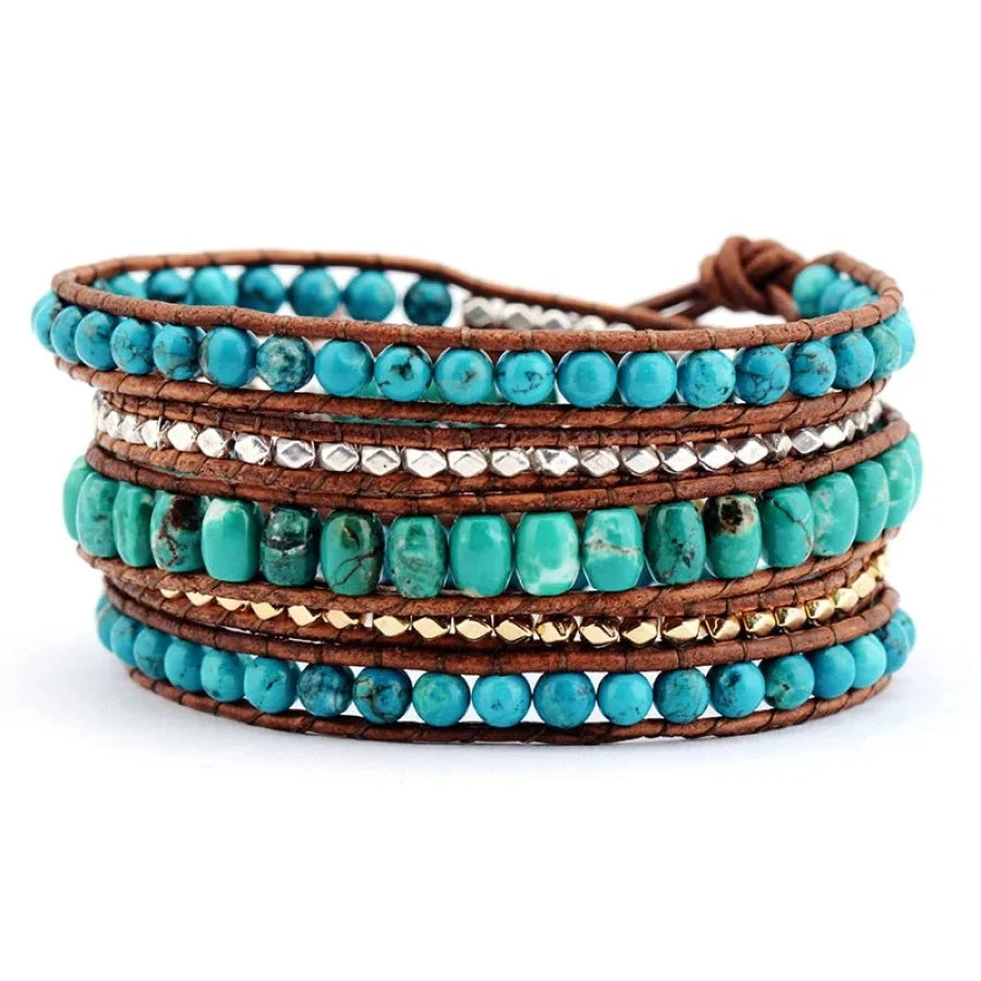 Handmade Natural Turquoise 5 Layer Leather Wrap Bracelet