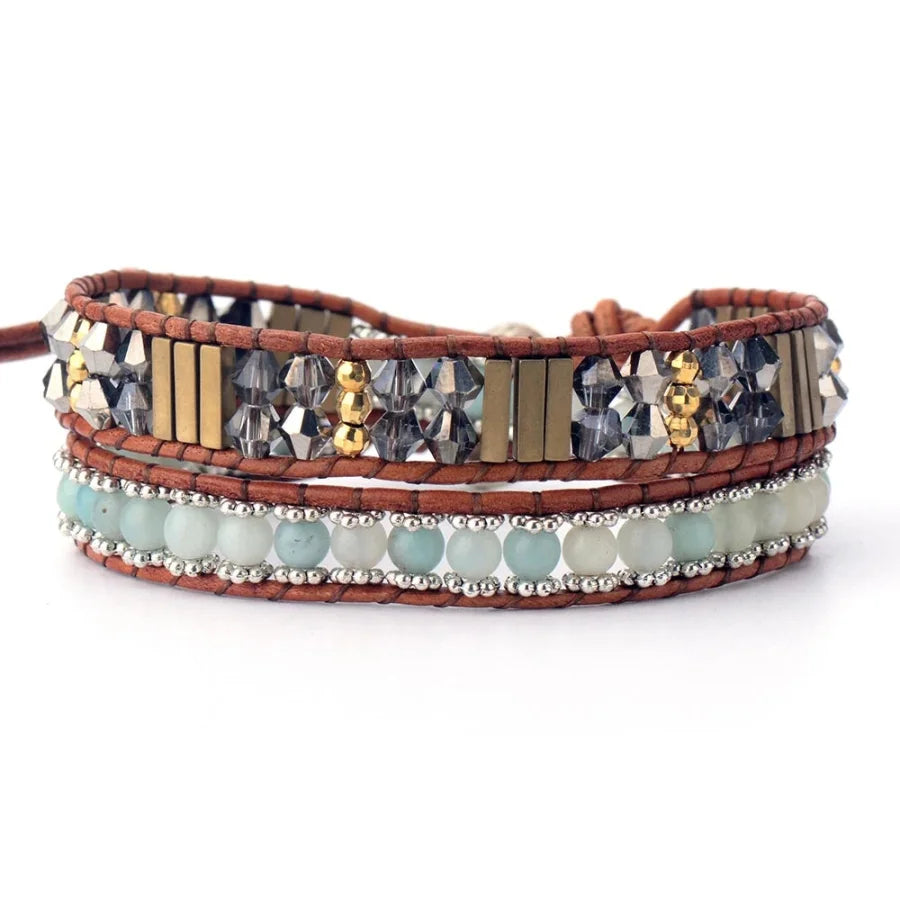 Handmade Natural Amazonite & Crystal Bead Wrap Bracelet