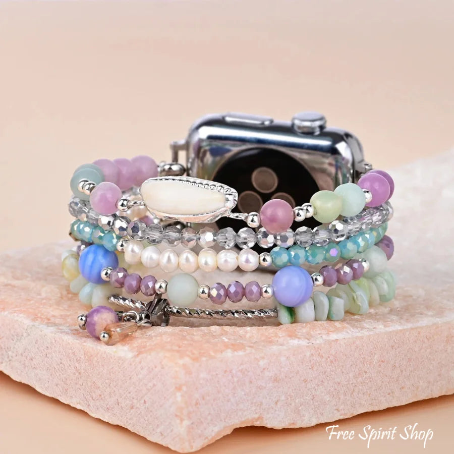 Natural Lepidolite Green Jade Amazonite & Shell Apple Watch Band