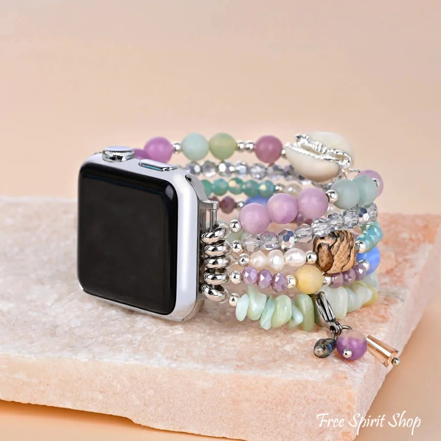 Natural Lepidolite Green Jade Amazonite & Shell Apple Watch Band