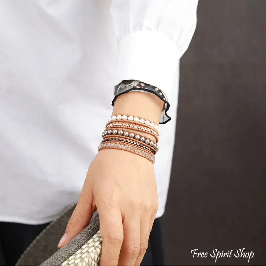 Natural Freshwater Pearl & Hematite Gemstone Leather Wrap Bracelet