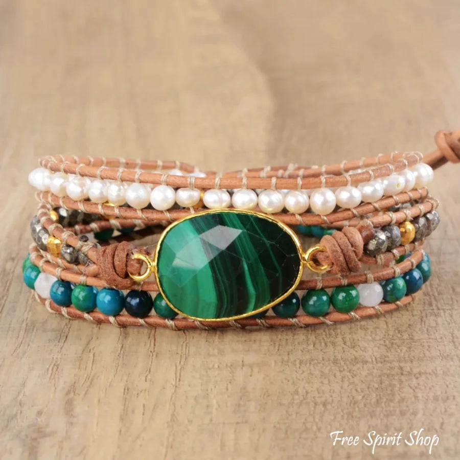 Handmade Malachite Chrysocolla & Pearl Wrap Bracelet