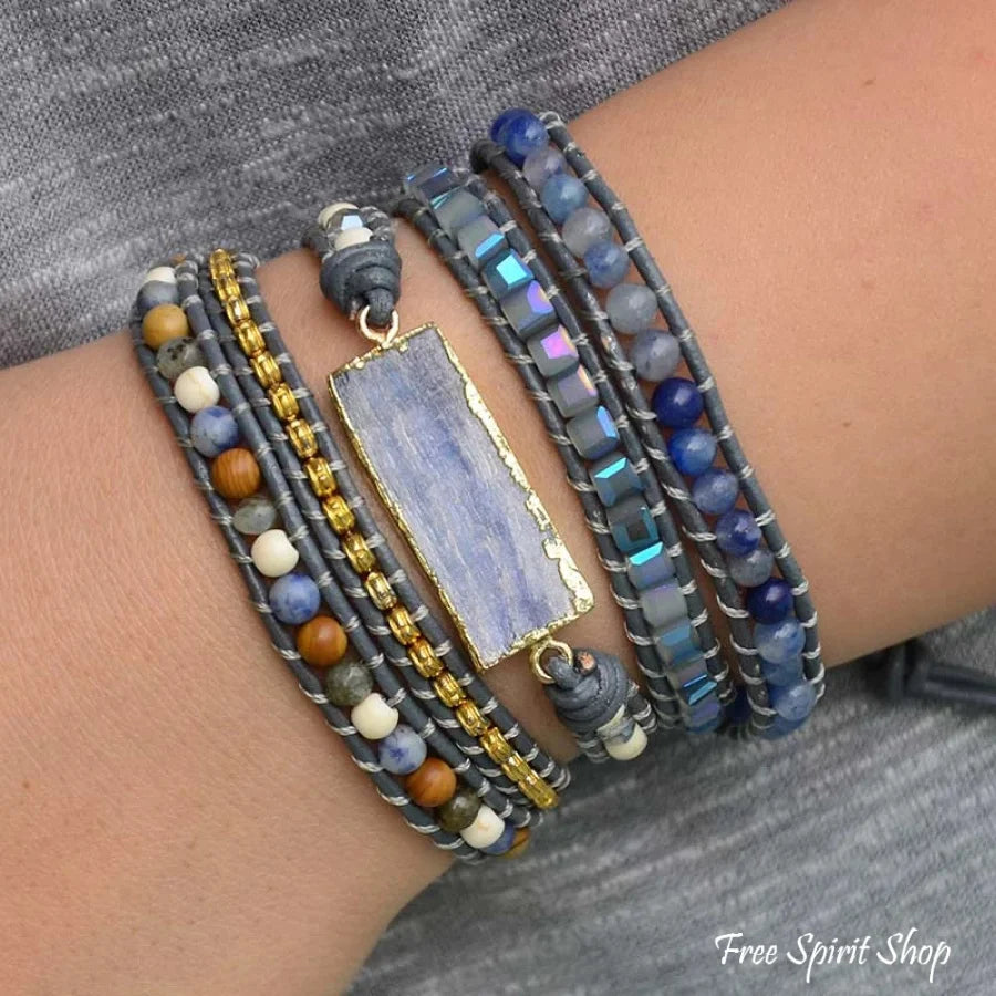 Handmade Natural Blue Topaz Sodalite & Howlite Gemstone Leather Wrap Bracelet