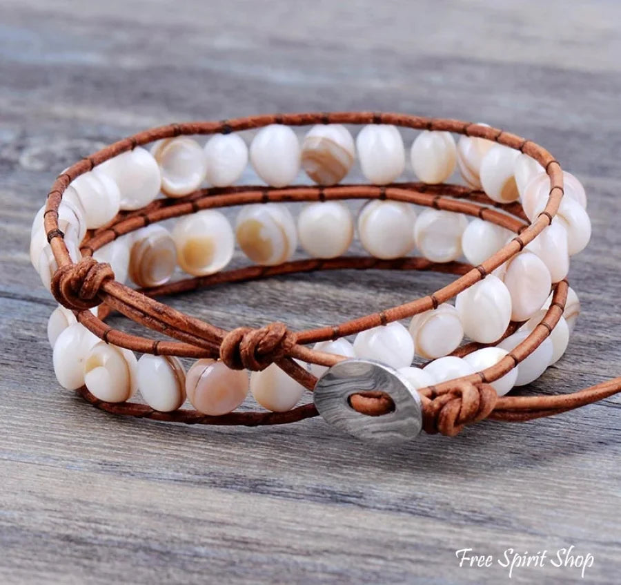 Natural Shape Shell Beads Leather Two Layer Bracelet