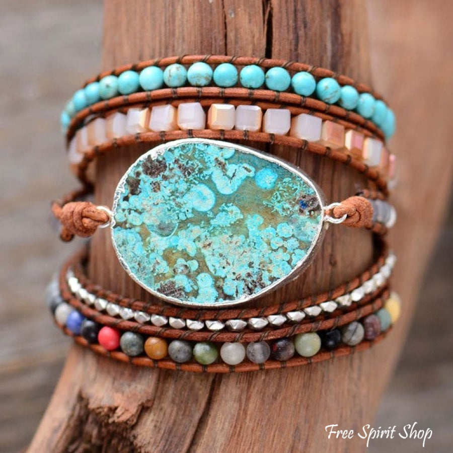 Handmade Natural Ocean Jasper Leather Wrap Bracelet