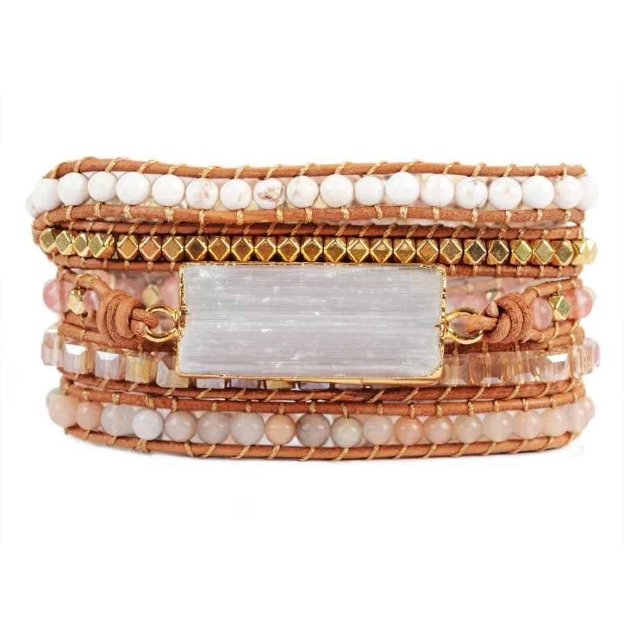 Natural White Selenite & Sunstone Wrap Bracelet