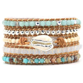 Handmade Natural Amazonite & Howlite Shell Leather Wrap Bracelet