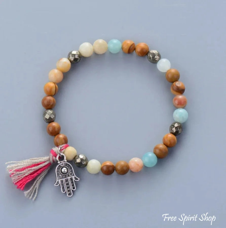 Handmade Natural Semi-Precious Jasper & Pyrite Stones Bracelet with Tassel