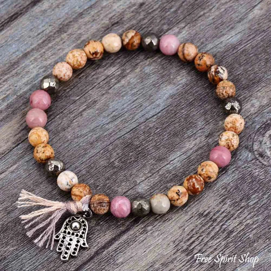 Handmade Natural Semi-Precious Jasper & Pyrite Stones Bracelet with Tassel