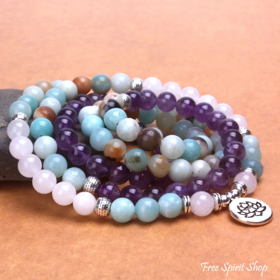 108 Amazonite Rose Quartz & Amethyst Mala Bead Bracelet