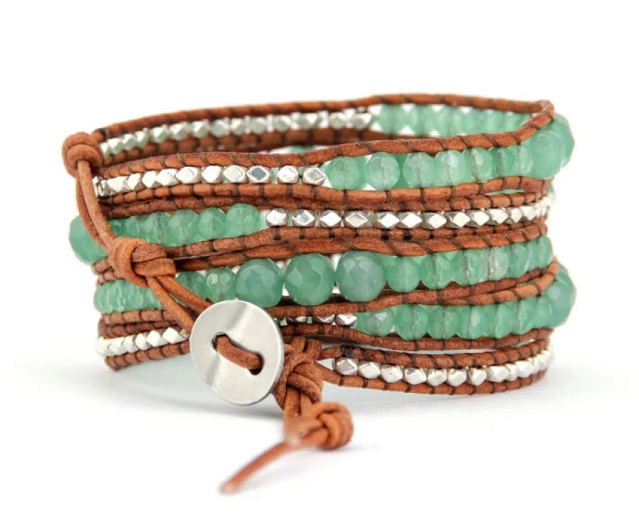 Handmade Natural Aventurine Gemstone & Leather Wrap Bracelet