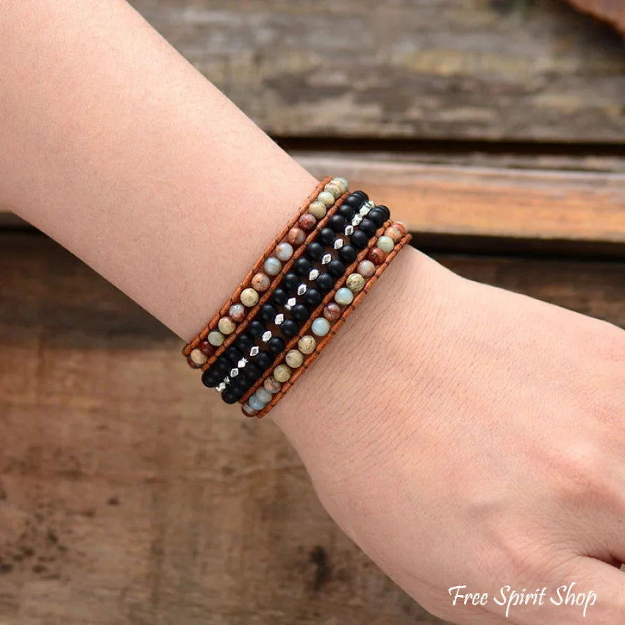 Natural Amazonite & Black Onyx Leather Wrap Bracelet