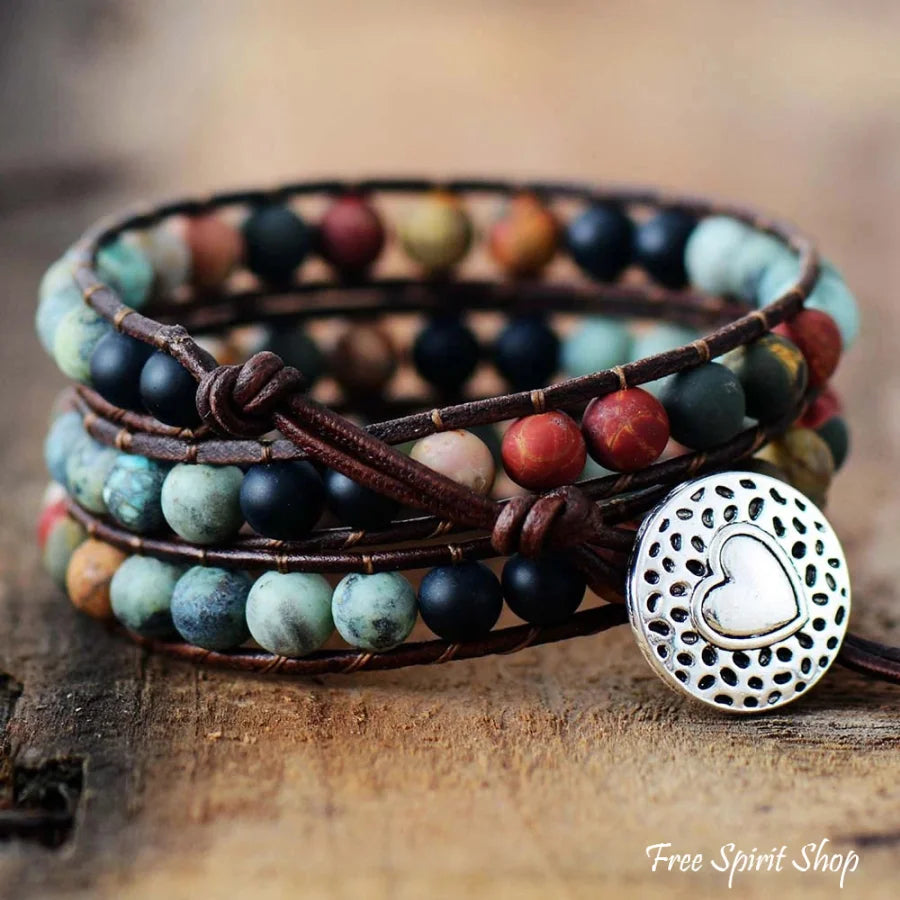 Natural Semi-Precious Gemstones Love Leather Wrap Bracelet