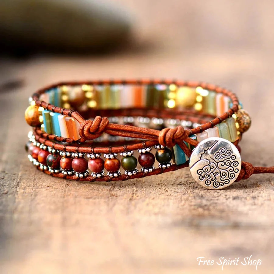 Handmade Natural Jasper & Crystal Leather Wrap Bracelet