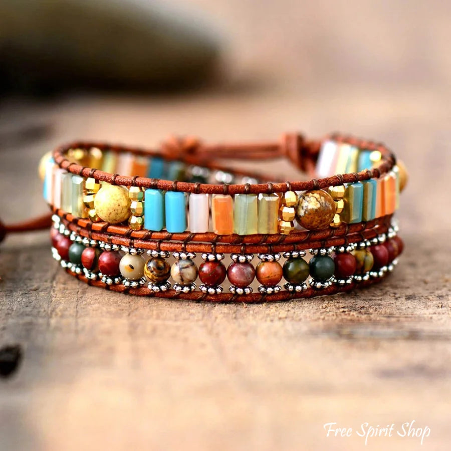 Handmade Natural Jasper & Crystal Leather Wrap Bracelet