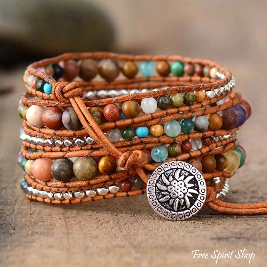 Handmade Natural Gemstone Mix Leather Wrap Bracelet