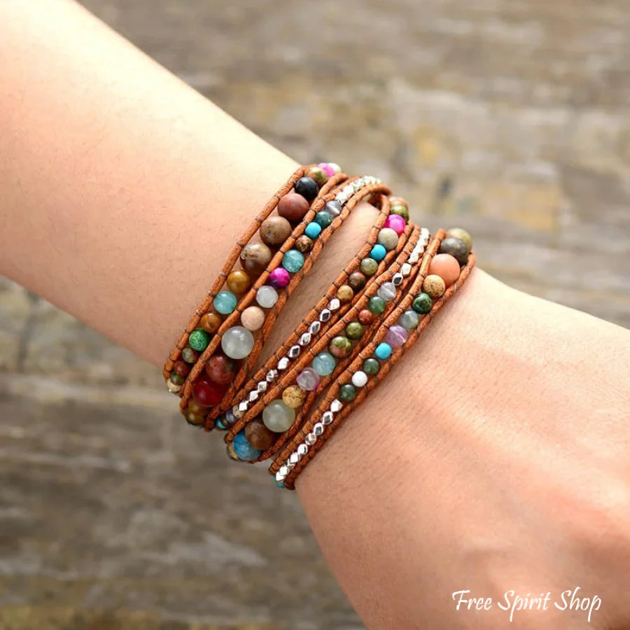 Handmade Natural Gemstone Mix Leather Wrap Bracelet