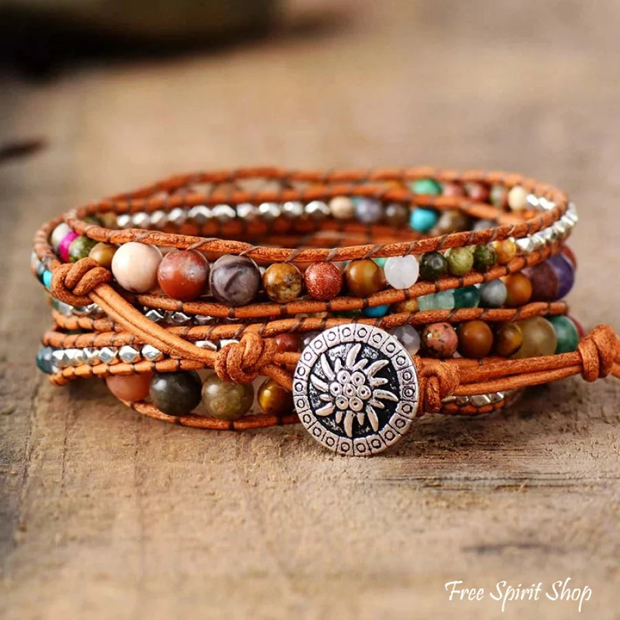 Handmade Natural Gemstone Mix Leather Wrap Bracelet