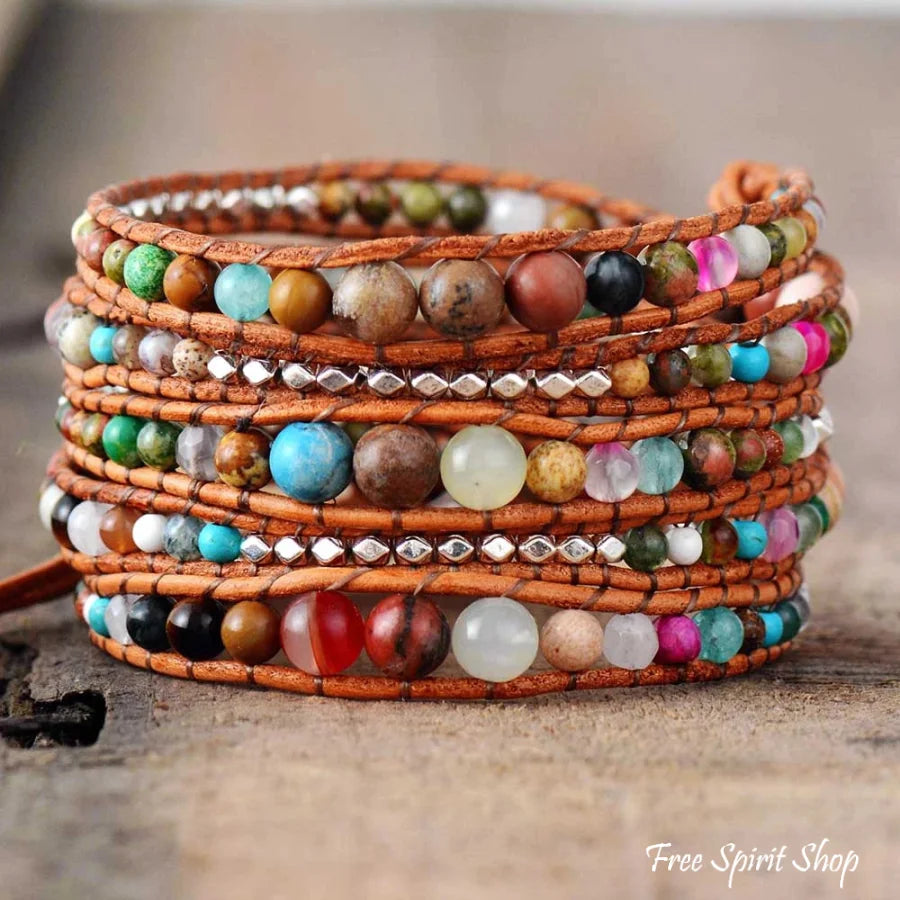Handmade Natural Gemstone Mix Leather Wrap Bracelet