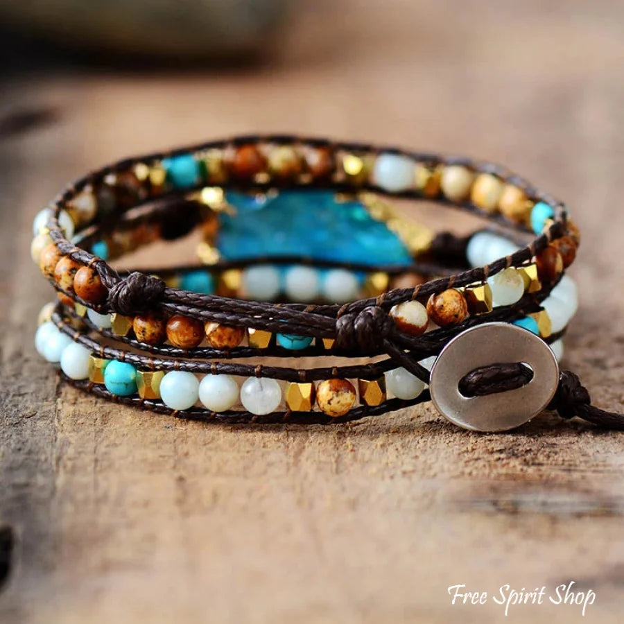Handmade Natural Gemstones & Gilded Arrowhead Wrap Bracelet