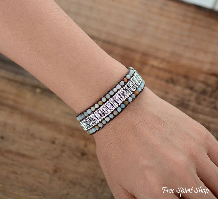 Natural Amazonite & Metal Beaded Wrap Bracelet