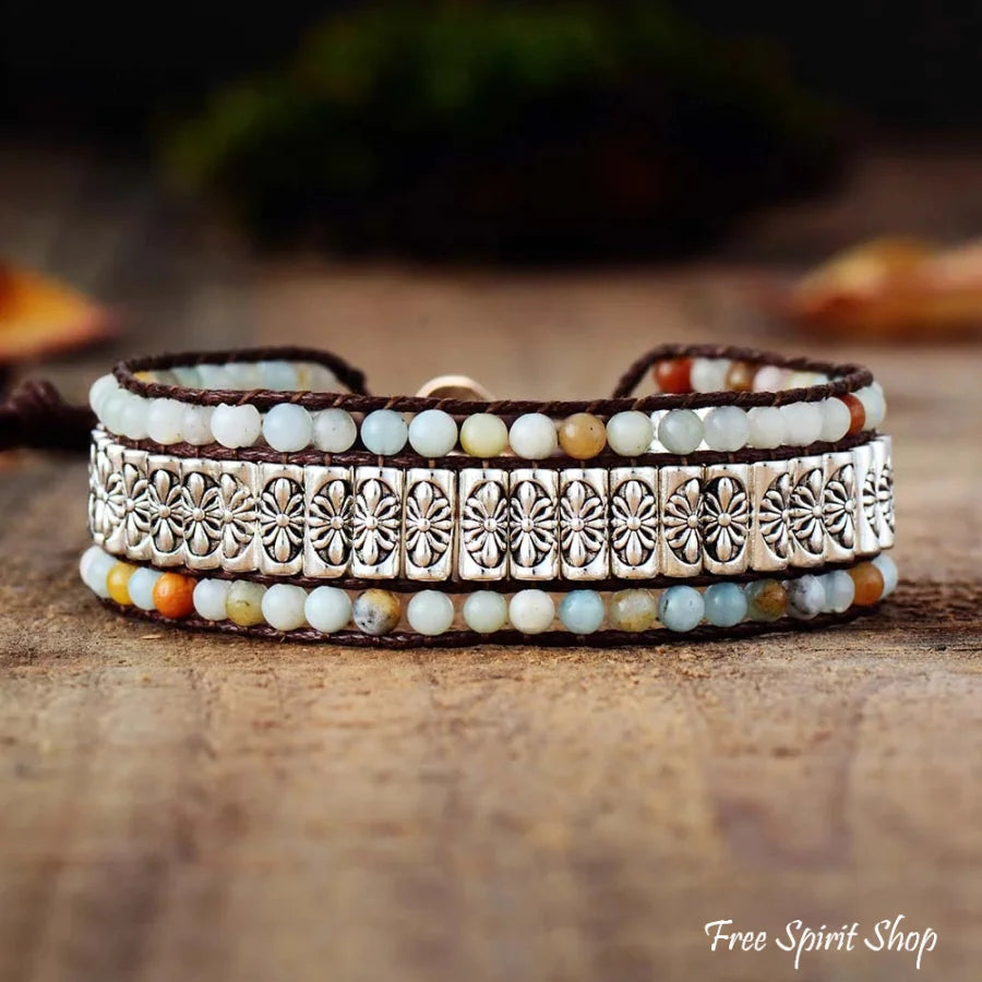 Natural Amazonite & Tibetan Metal Bead Wrap Bracelet