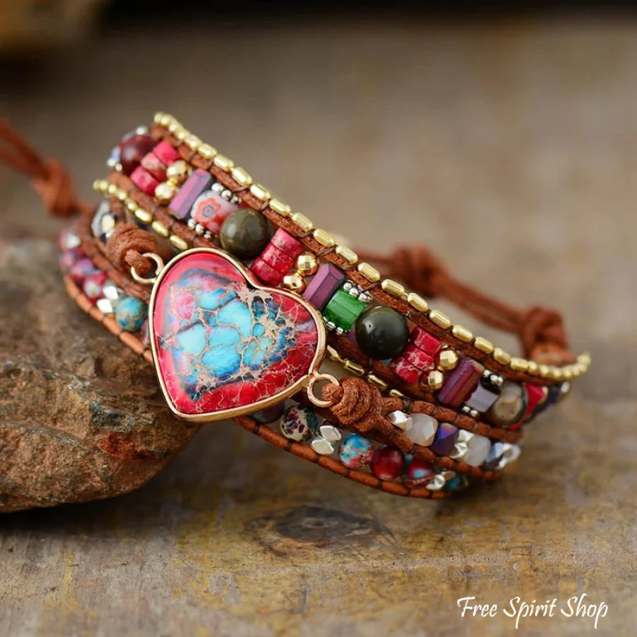 Handmade Mix Gemstone Red Heart Wrap Bracelet