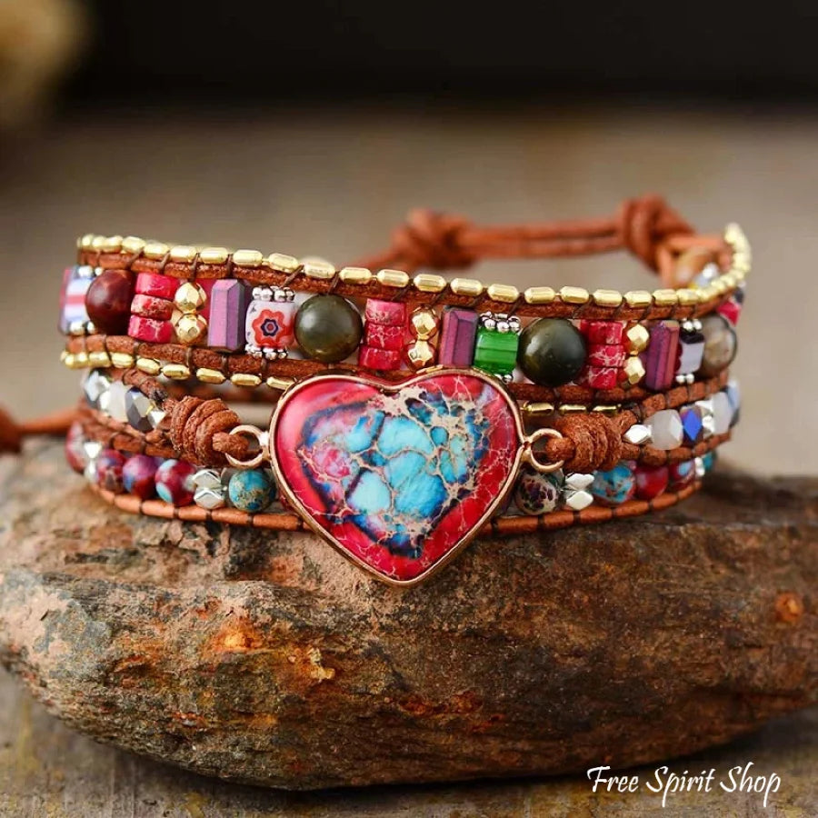 Handmade Mix Gemstone Red Heart Wrap Bracelet - Main Image