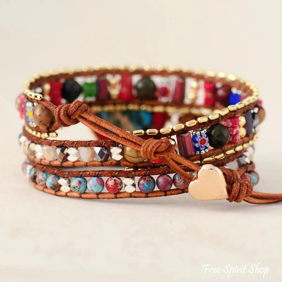 Handmade Mix Gemstone Red Heart Wrap Bracelet