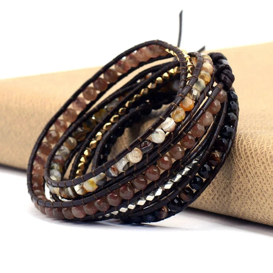 Handmade Mix Natural Gemstone Brown Leather Wrap Bracelet