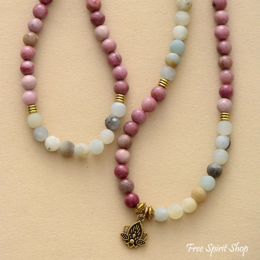 108 Natural Amazonite & Rhodonite Mala With Lotus Flower Charm