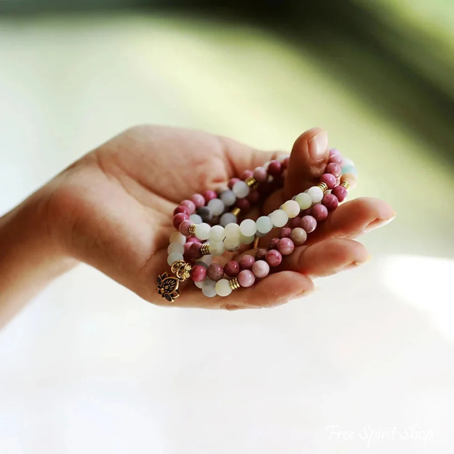 108 Natural Amazonite & Rhodonite Mala With Lotus Flower Charm