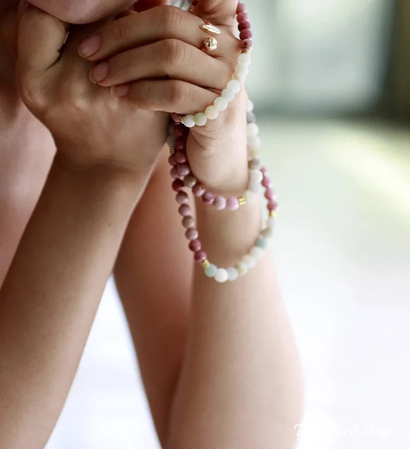 108 Natural Amazonite & Rhodonite Mala With Lotus Flower Charm